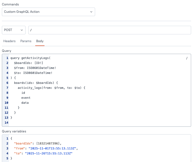 Screenshot of Monday.com custom GraphQL action in Appsmith showing query and variables